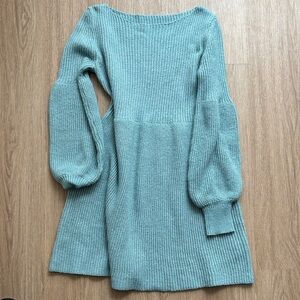 Light Teal Balloon-Sleeve Knit Sweater Dress